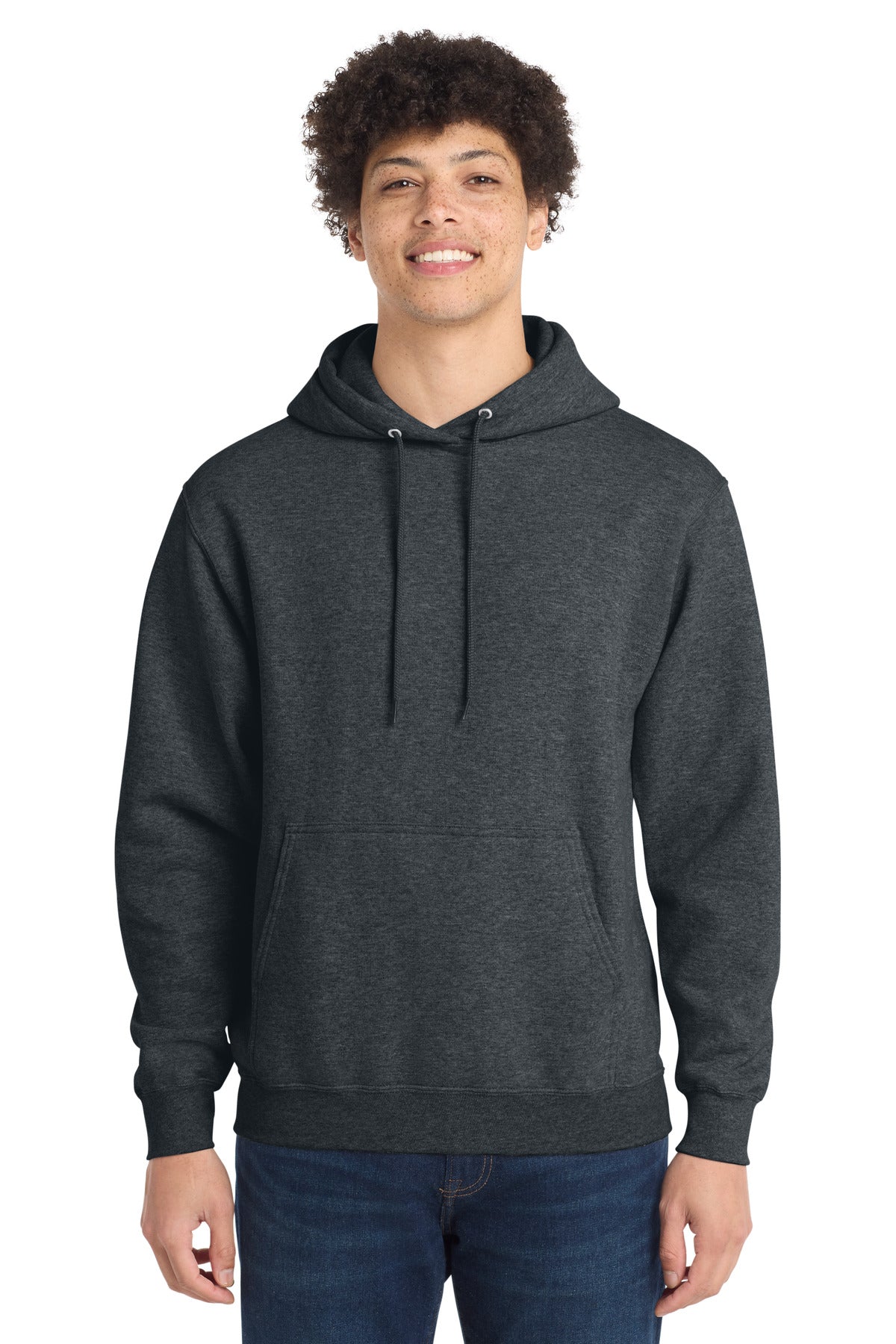 Front View of DkHtGry Port & Co Core Fleece Pullover Hooded Sweatshirt. PC78H plain