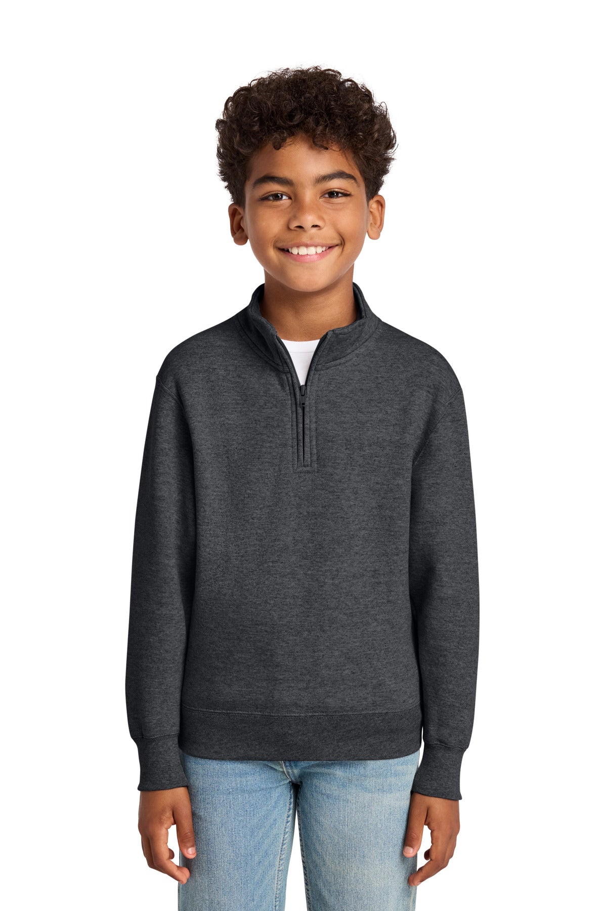 Front View of DkHtGry Port & Co Youth Core Fleece 1/4-Zip Pullover Sweatshirt PC78YQ plain