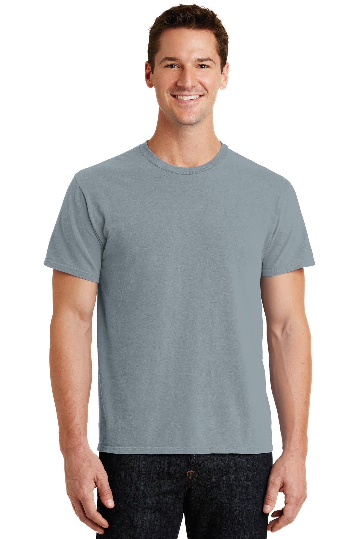 Front View of Dove Grey Port & Co Beach Wash Garment-Dyed Tee. PC099 plain