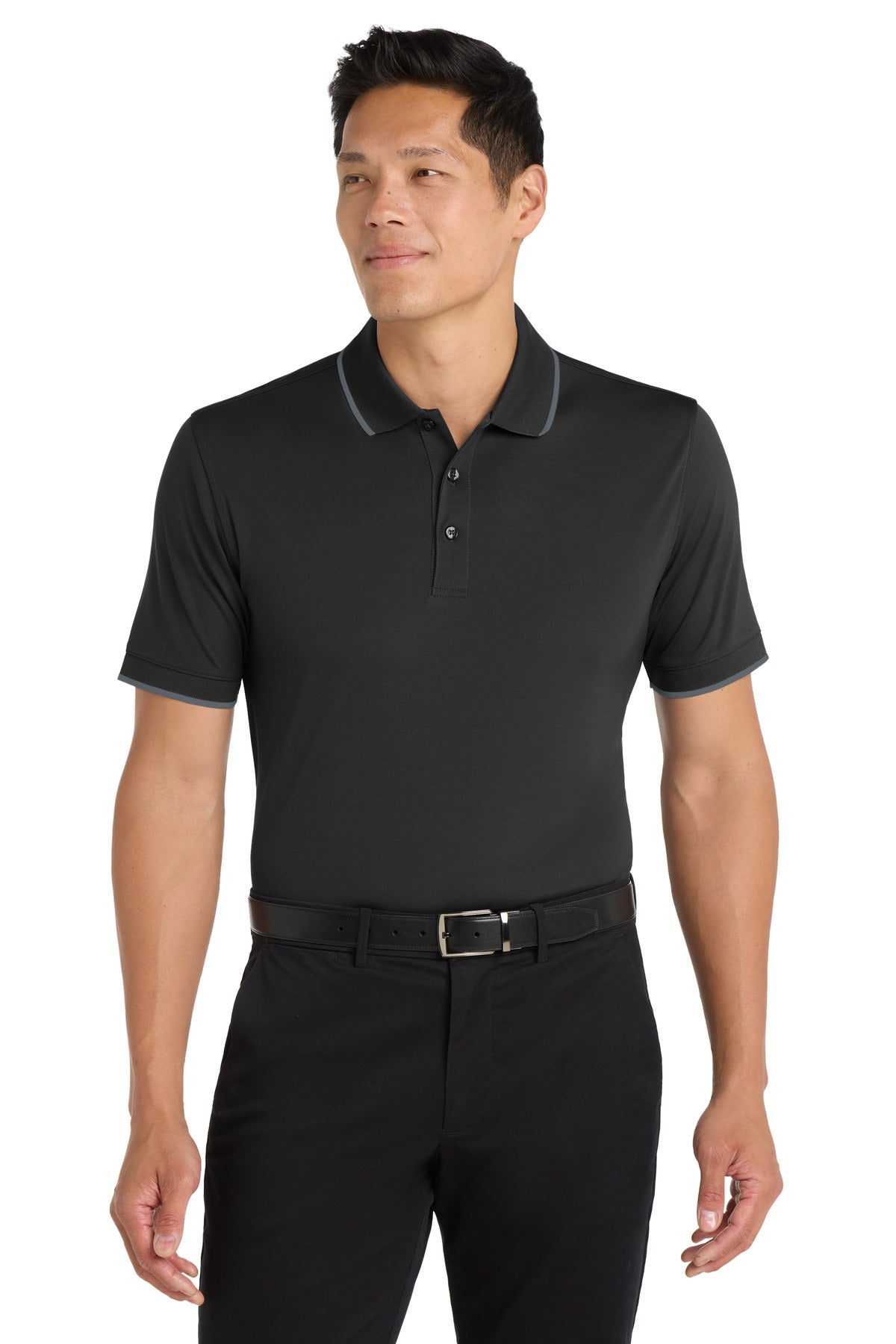 Front View of Dp Black/Graph Port Authority Dry Zone UV Micro-Mesh Tipped Polo. K111 plain