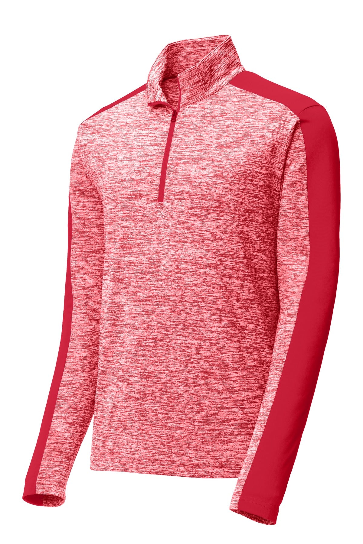 Front View of Dp Red E/Dp Rd Sport-Tek PosiCharge Electric Heather Colorblock 1/4-Zip Pullover. ST397 plain