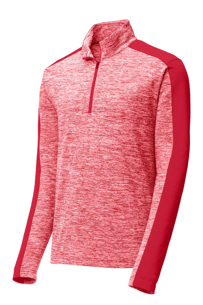 Front View of Dp Red E/Dp Rd Sport-Tek PosiCharge Electric Heather Colorblock 1/4-Zip Pullover. ST397 plain