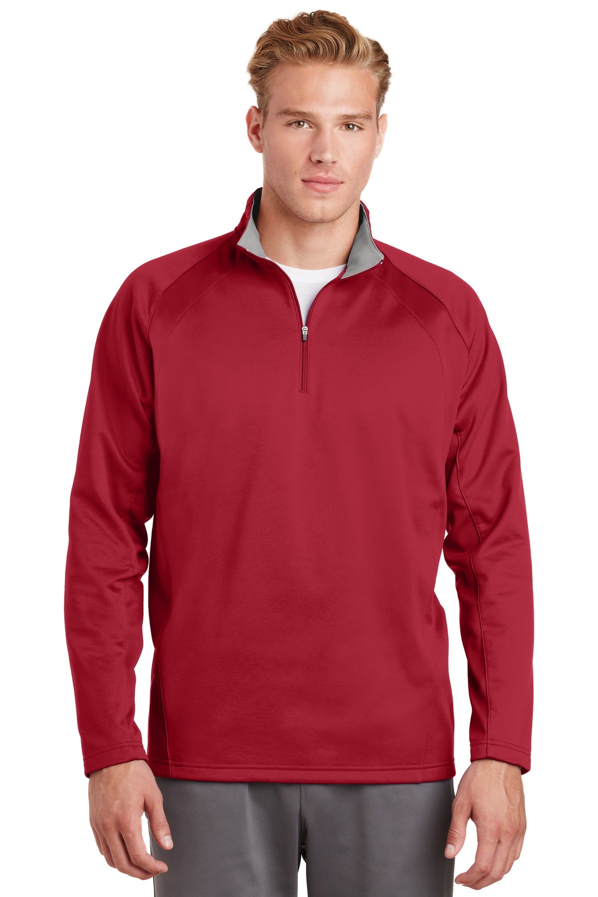 Front View of Dp Red/Silver Sport-Tek Sport-Wick Fleece 1/4-Zip Pullover. F243 plain