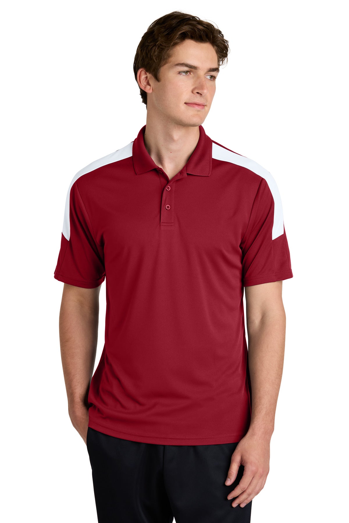 Front View of DpRd/Wht Sport-Tek Competitor United Polo ST104 plain