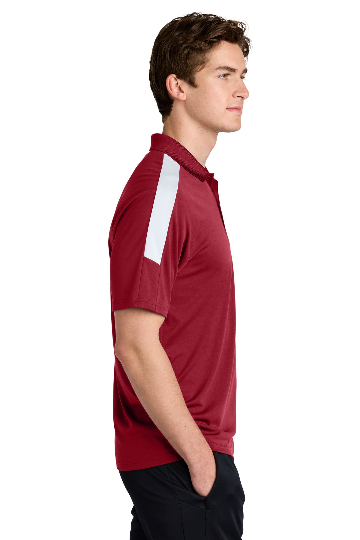 Front View of DpRd/Wht Sport-Tek Competitor United Polo ST104 plain