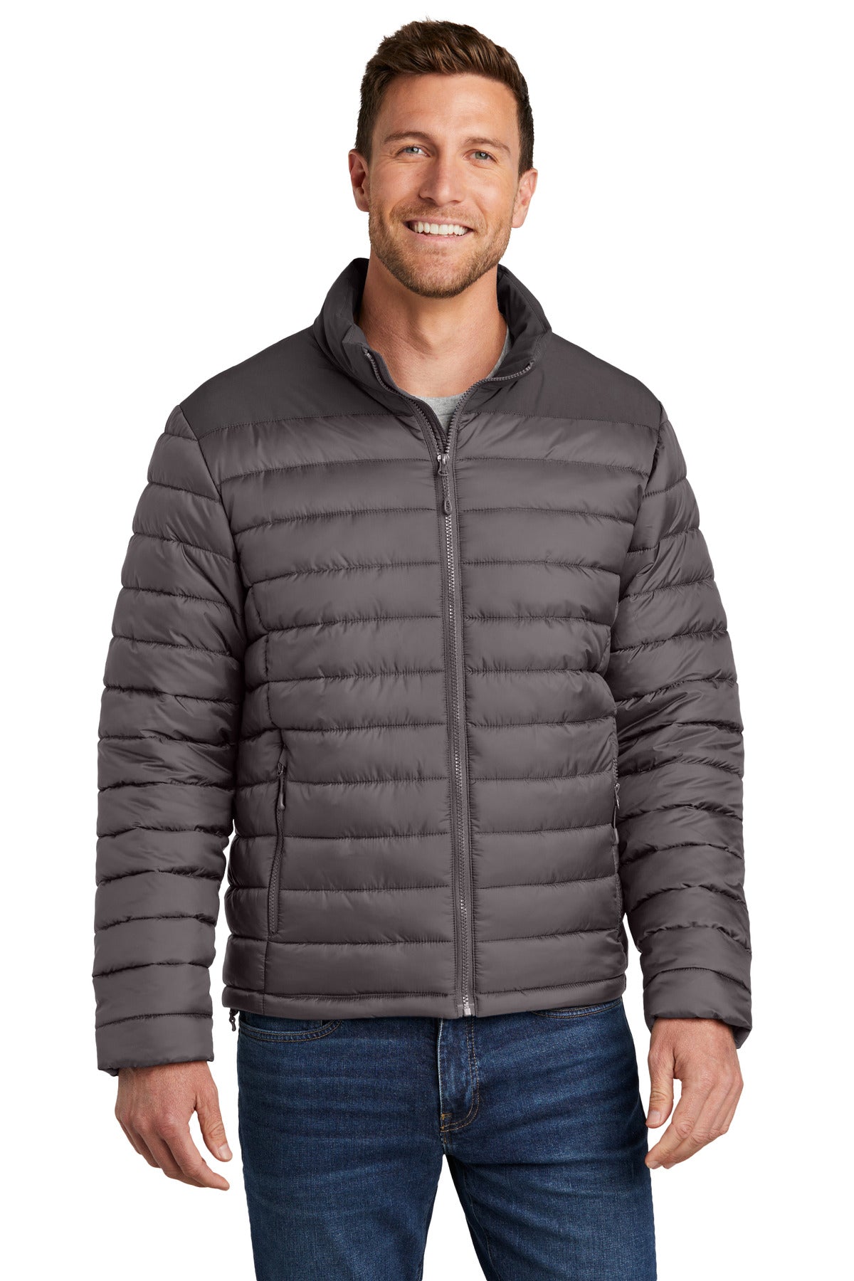 Front View of DpSm/GrySm Port Authority Horizon Puffy Jacket J364 plain