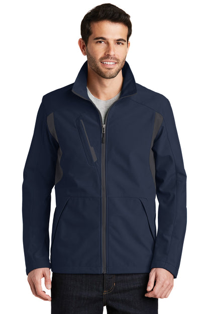 Front View of Dr Bl Nvy/B Gy Port Authority Back-Block Soft Shell Jacket. J336 plain