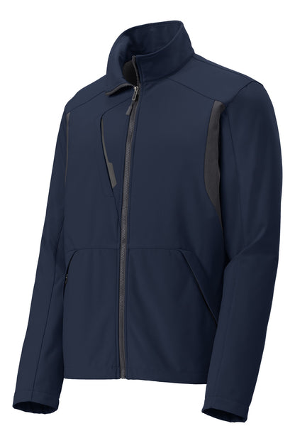 Front View of Dr Bl Nvy/B Gy Port Authority Back-Block Soft Shell Jacket. J336 plain