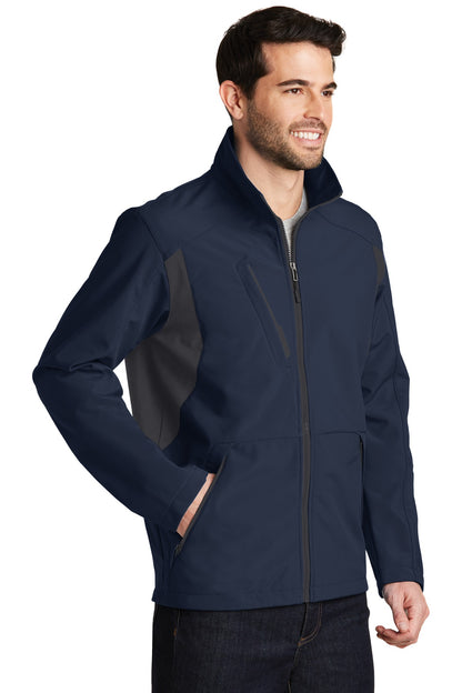 Front View of Dr Bl Nvy/B Gy Port Authority Back-Block Soft Shell Jacket. J336 plain
