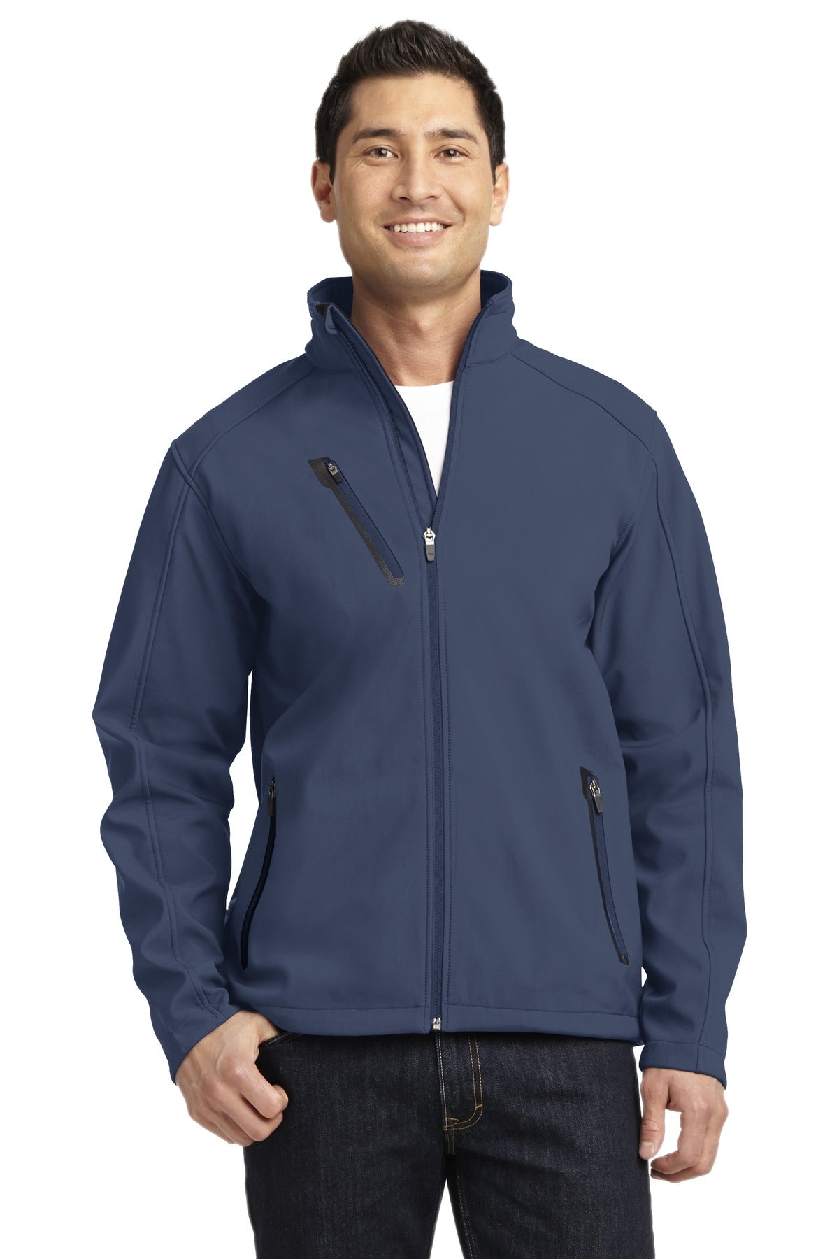 Front View of Dress Blue Nvy Port Authority Welded Soft Shell Jacket. J324 plain