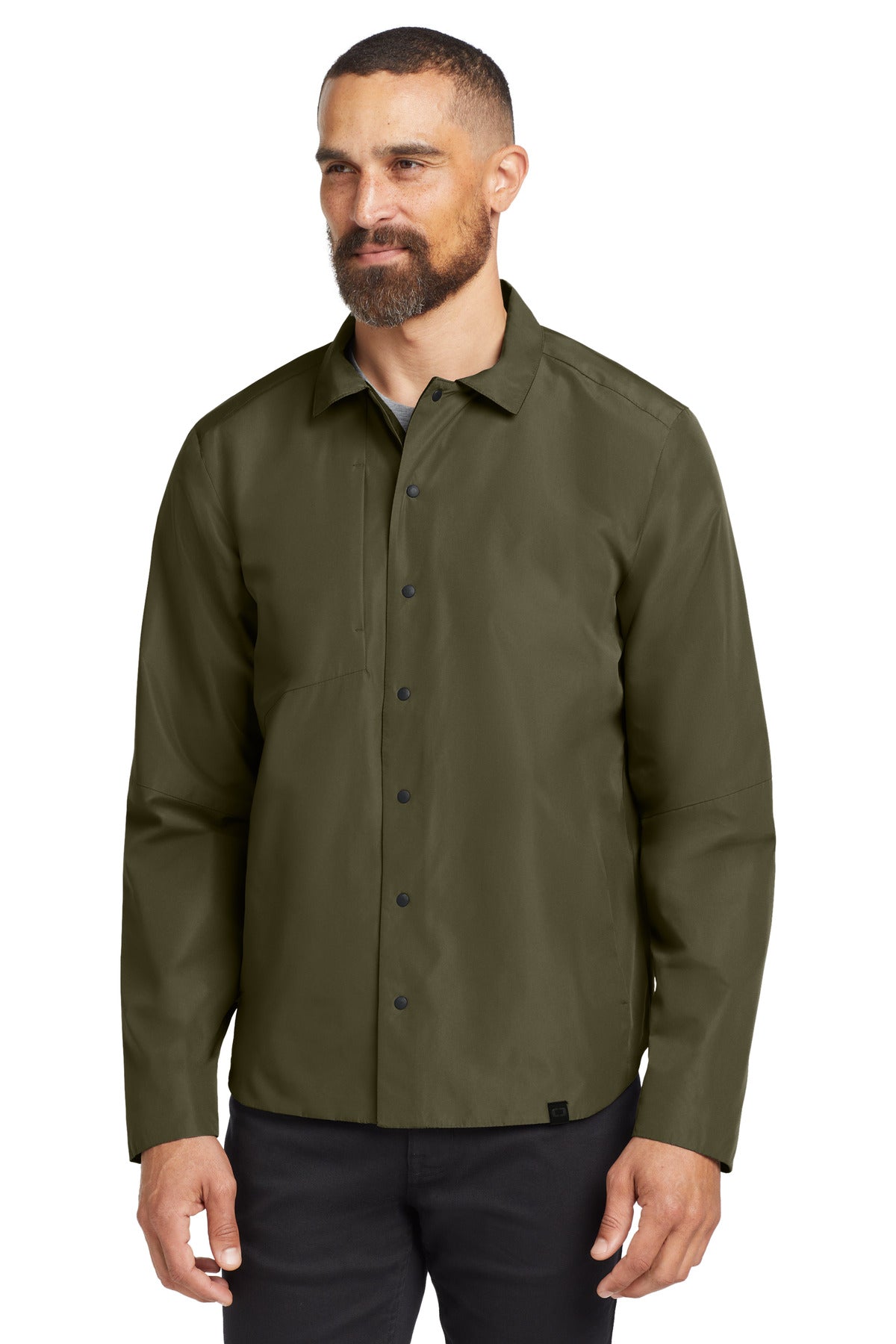 Front View of Drive Green OGIO Reverse Shirt Jacket. OG754 plain