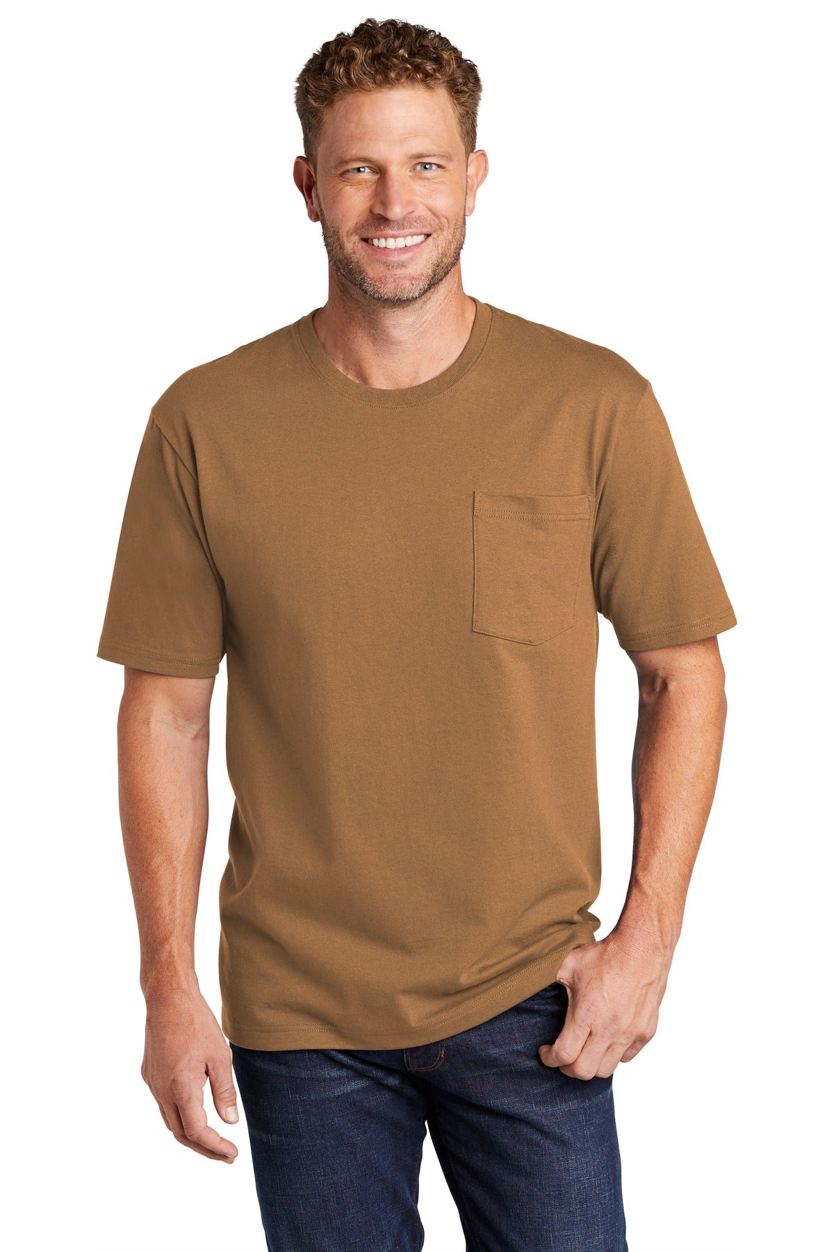 Front View of Duck Brown CornerStone Workwear Pocket Tee CS430 plain