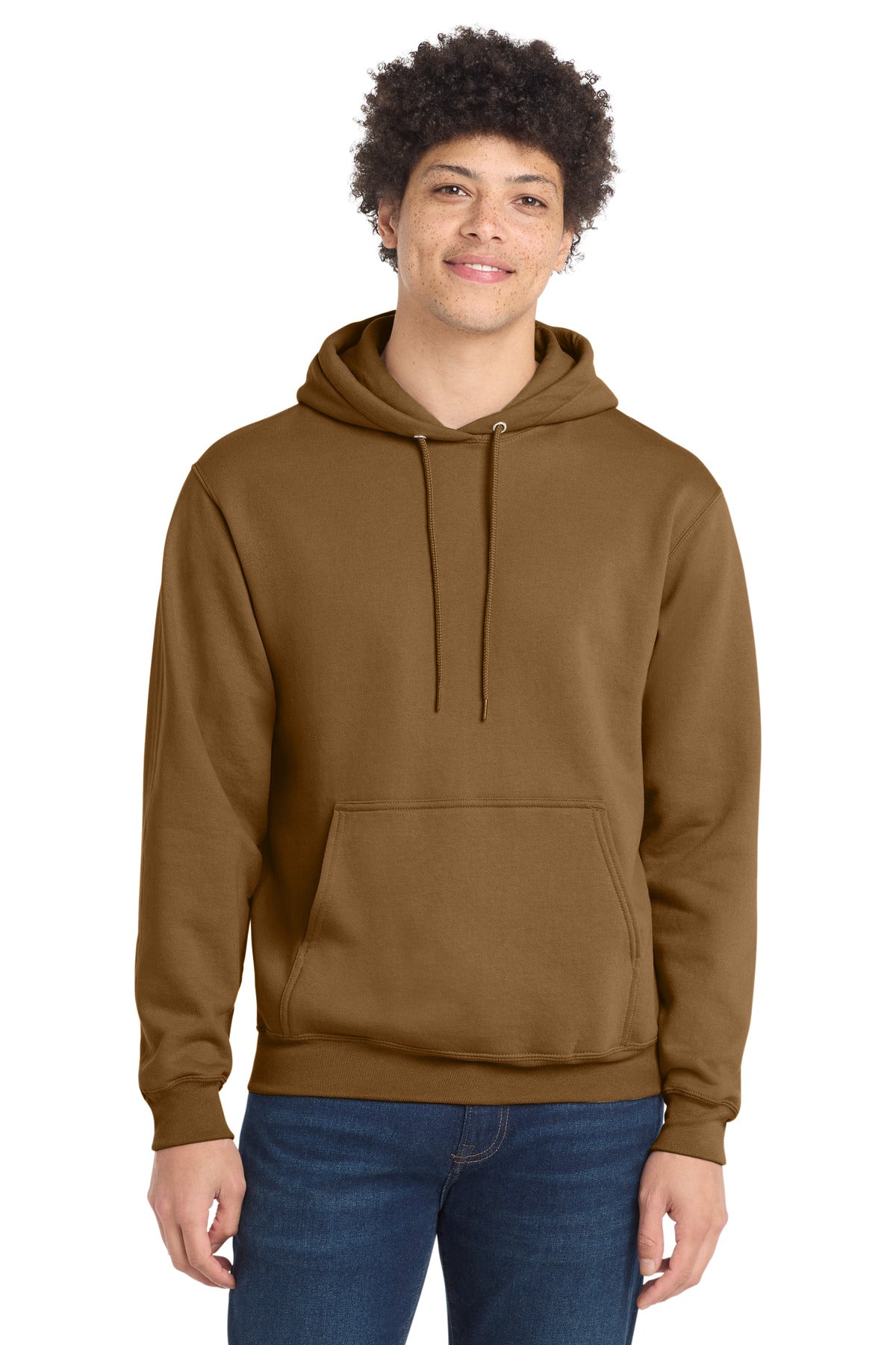 Front View of DuckBrown Port & Co Core Fleece Pullover Hooded Sweatshirt. PC78H plain