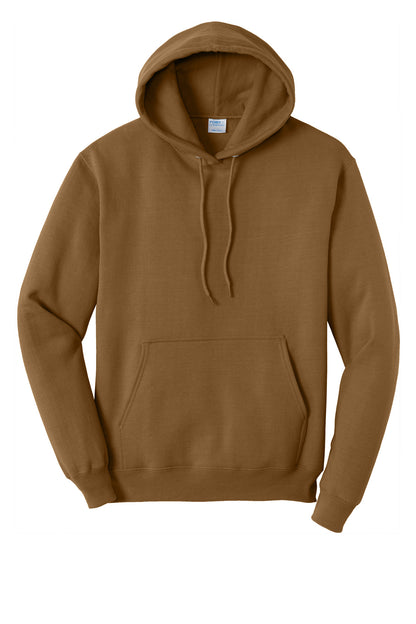 Front View of DuckBrown Port & Co Core Fleece Pullover Hooded Sweatshirt. PC78H plain
