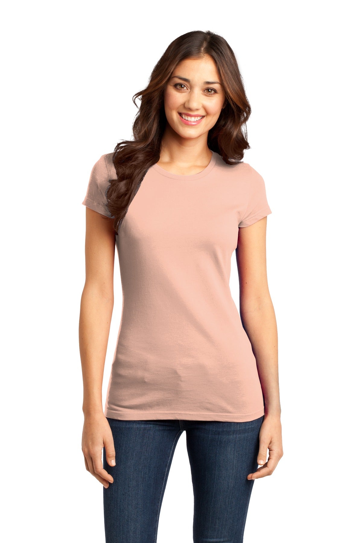 Front View of Dusty Peach District Women's Fitted Very Important Tee . DT6001 plain