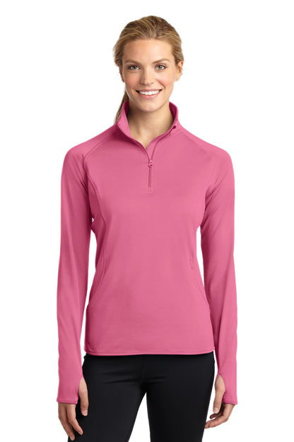 Front View of Dusty Rose Sport-Tek Women's Sport-Wick Stretch 1/4-Zip Pullover. LST850 plain
