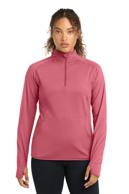 Front View of Dusty Rose Sport-Tek Women's Sport-Wick Stretch 1/4-Zip Pullover. LST850 plain