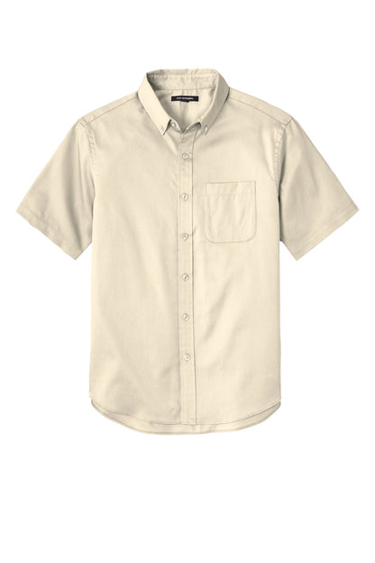 Front View of Ecru Port Authority Short Sleeve SuperPro React Twill Shirt. W809 plain