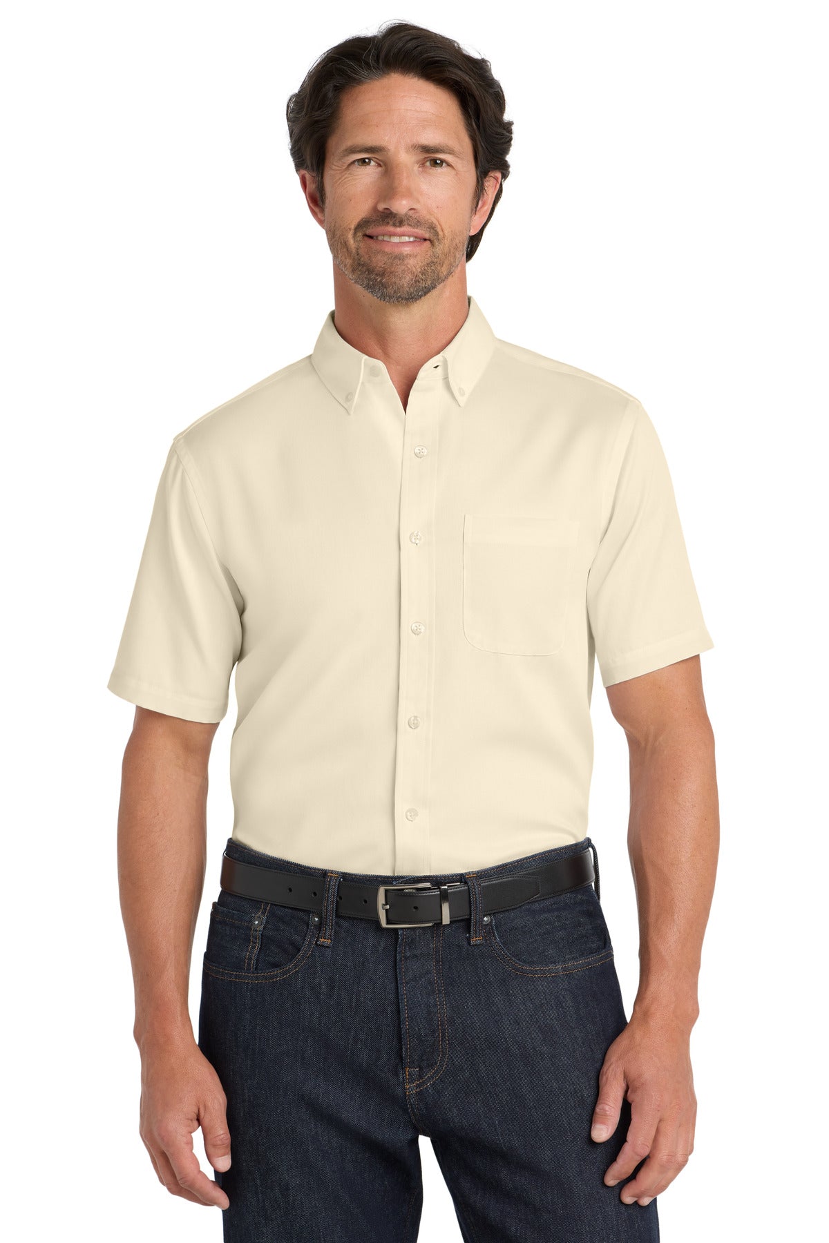 Front View of Ecru Port Authority Short Sleeve SuperPro React Twill Shirt. W809 plain