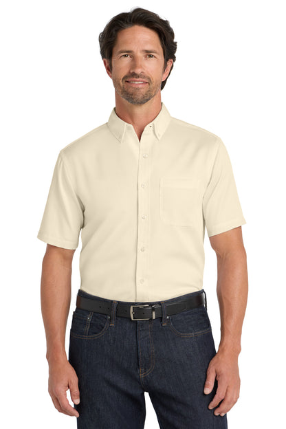 Front View of Ecru Port Authority Short Sleeve SuperPro React Twill Shirt. W809 plain