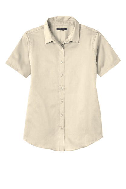 Front View of Ecru Port Authority Women's Short Sleeve SuperPro React Twill Shirt. LW809 plain