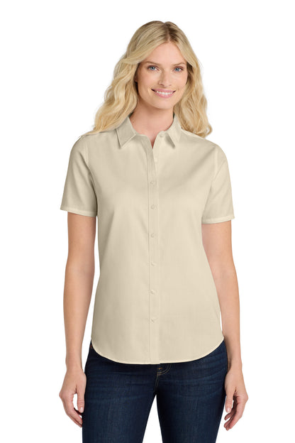 Front View of Ecru Port Authority Women's Short Sleeve SuperPro React Twill Shirt. LW809 plain