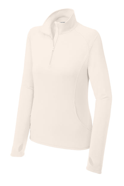 Front View of Ecru Sport-Tek Women's Sport-Wick Stretch 1/4-Zip Pullover. LST850