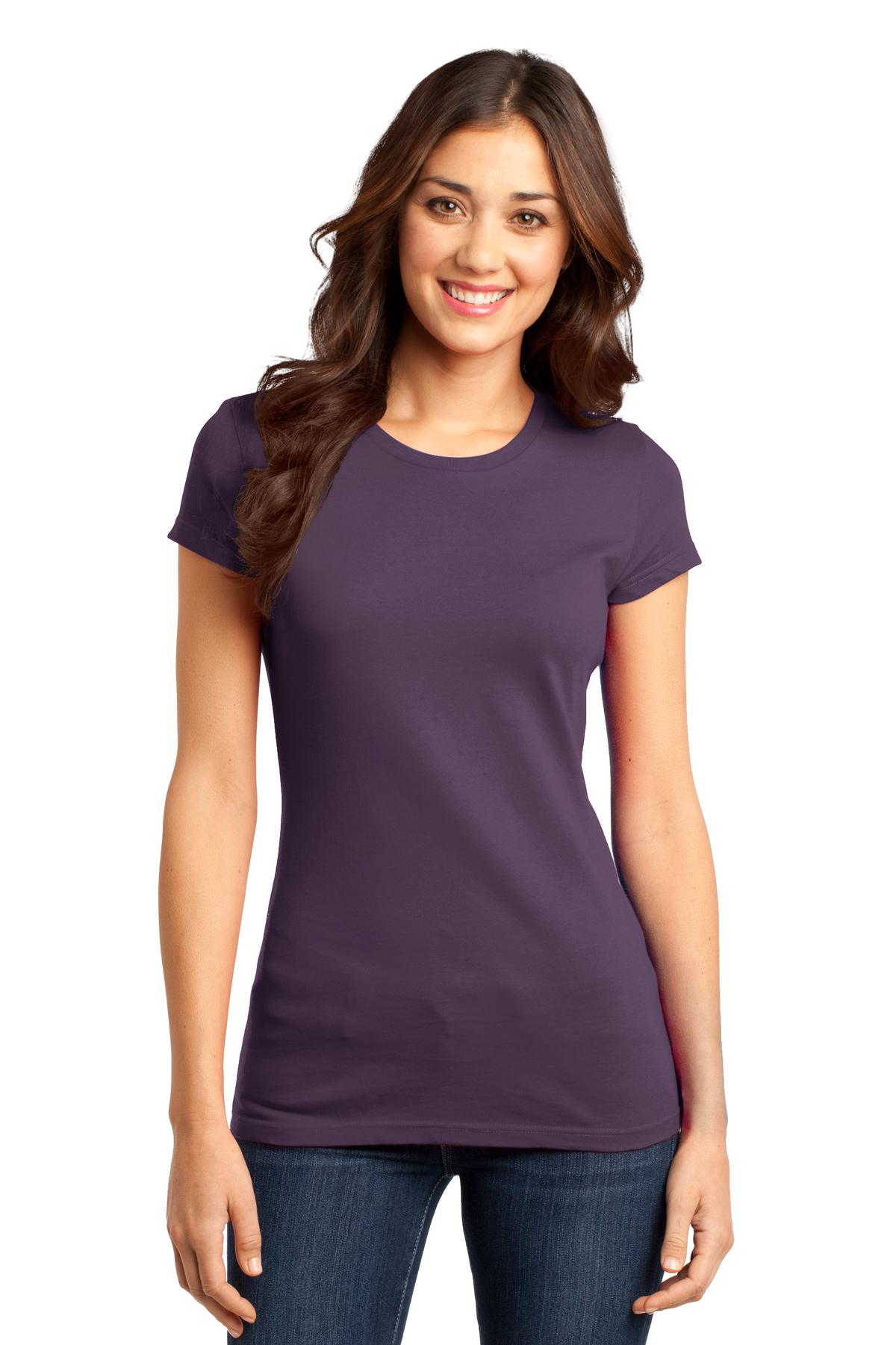 Front View of Eggplant District Women's Fitted Very Important Tee . DT6001 plain