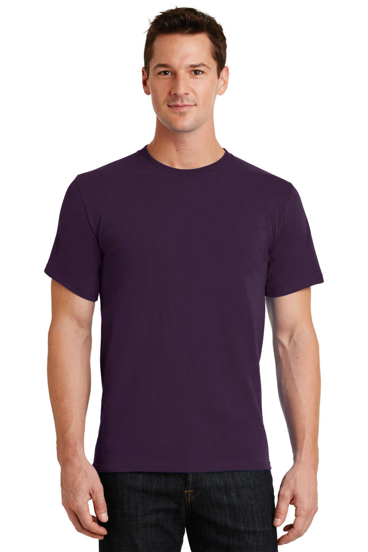 Front View of Eggplant Port & Co Essential Tee. PC61 plain