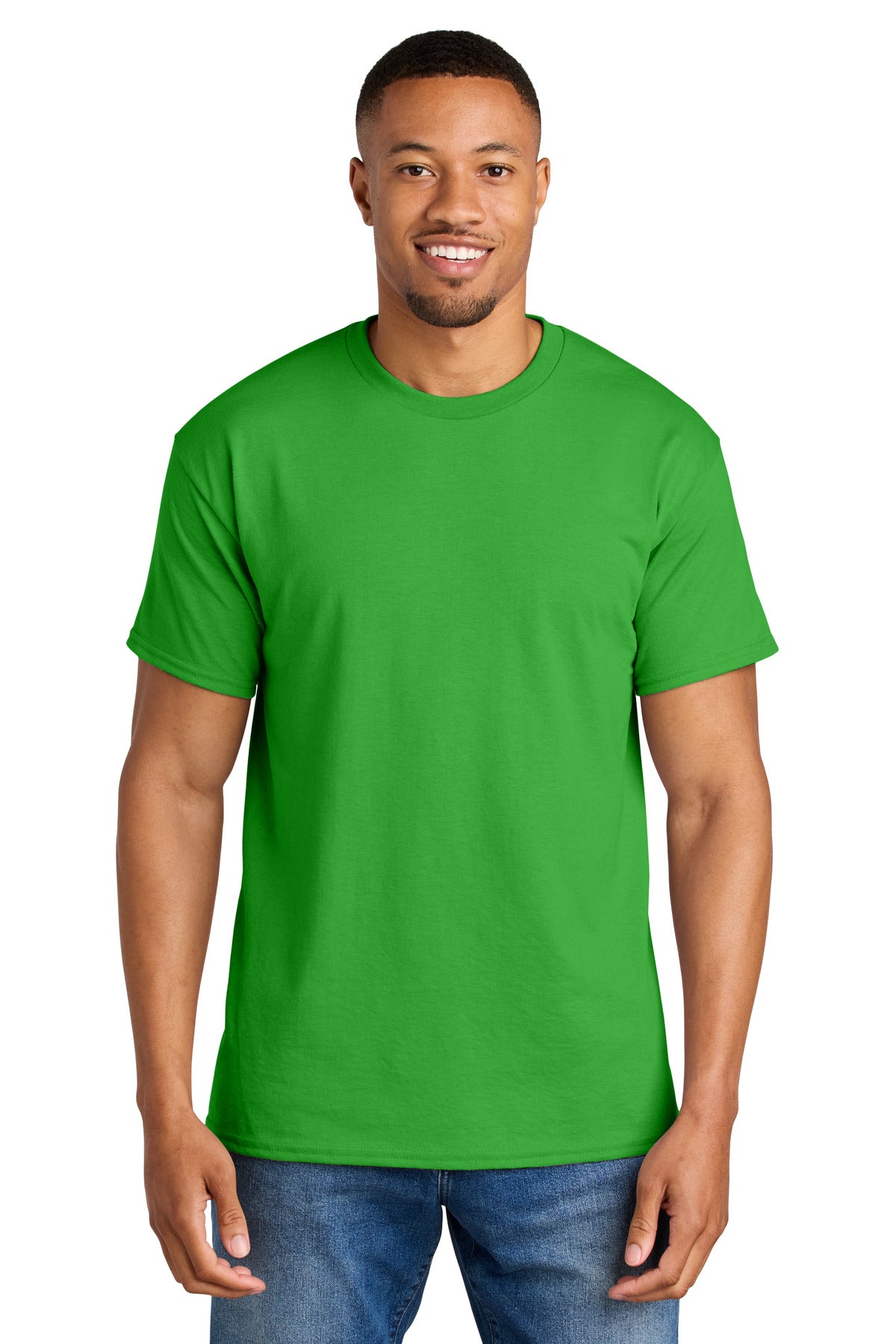 Front View of Electric Green Gildan DryBlend 50 Cotton/50 Poly T-Shirt. 8000 plain