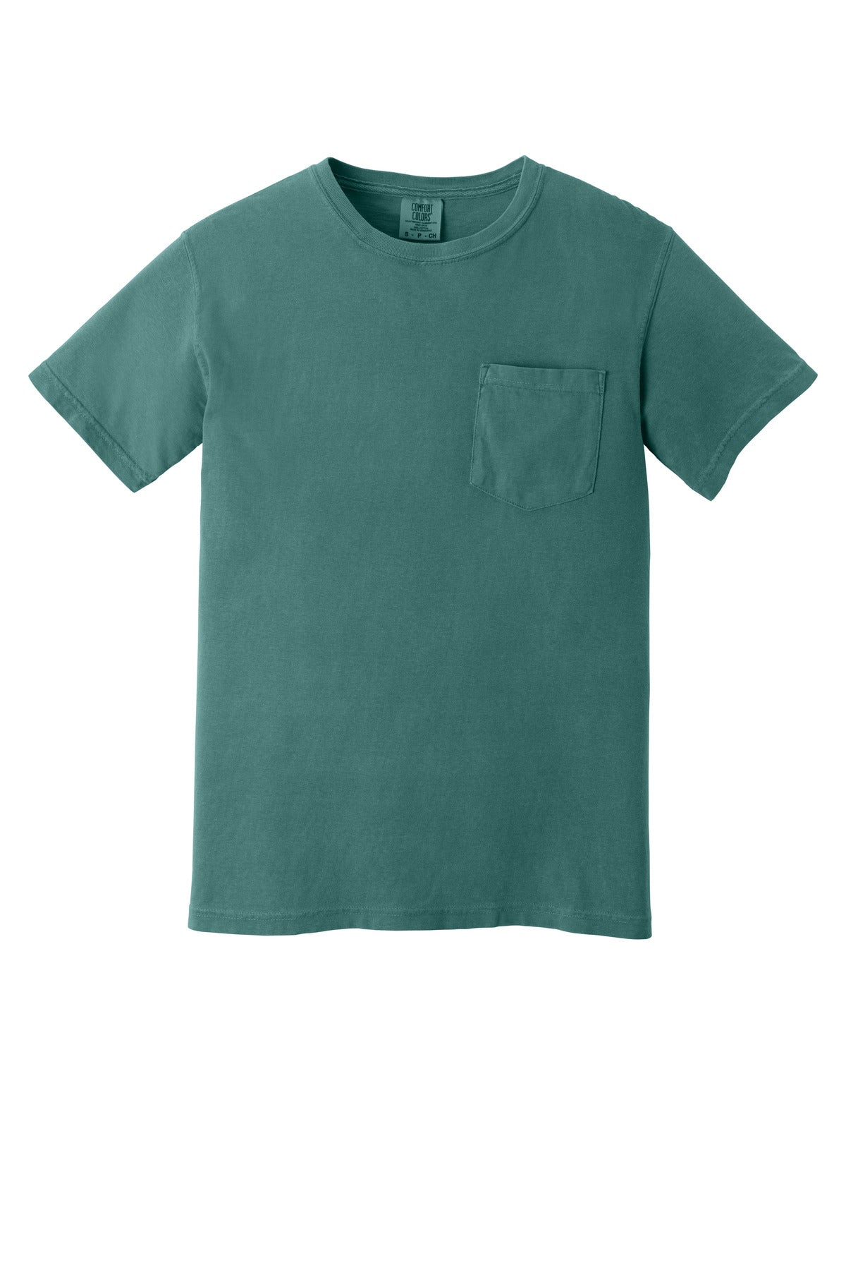 Front View of Emerald COMFORT COLORS Heavyweight Ring Spun Pocket Tee. 6030 plain