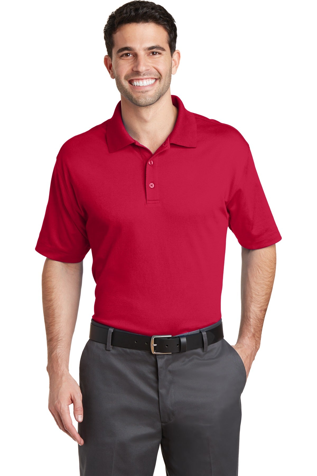 Front View of Engine Red Port Authority Rapid Dry Mesh Polo. K573 plain