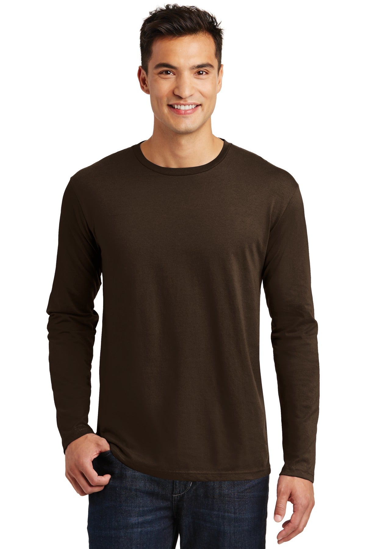 Front View of Espresso District Perfect Weight Long Sleeve Tee. DT105 plain