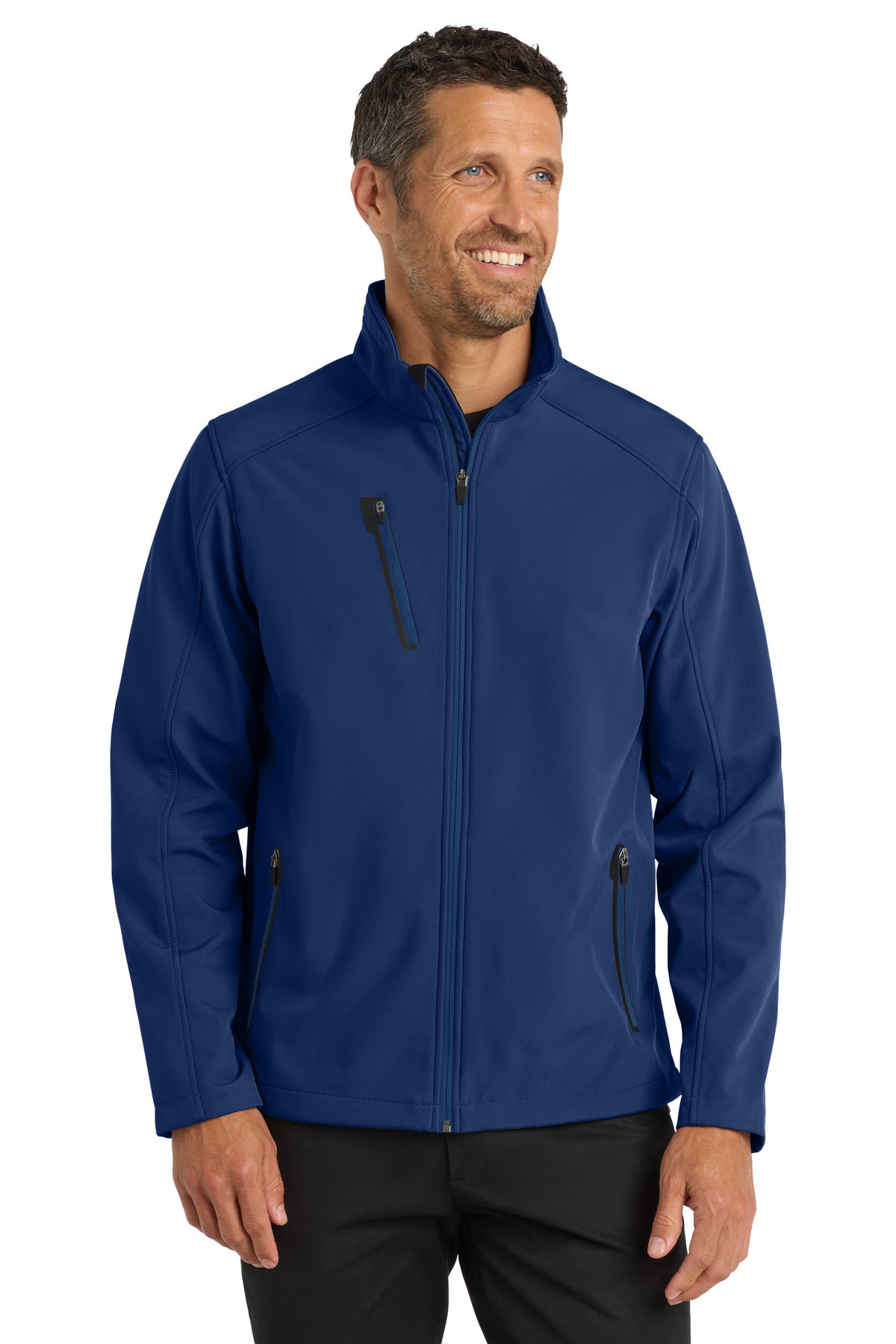 Front View of Estate Blue Port Authority Welded Soft Shell Jacket. J324 plain