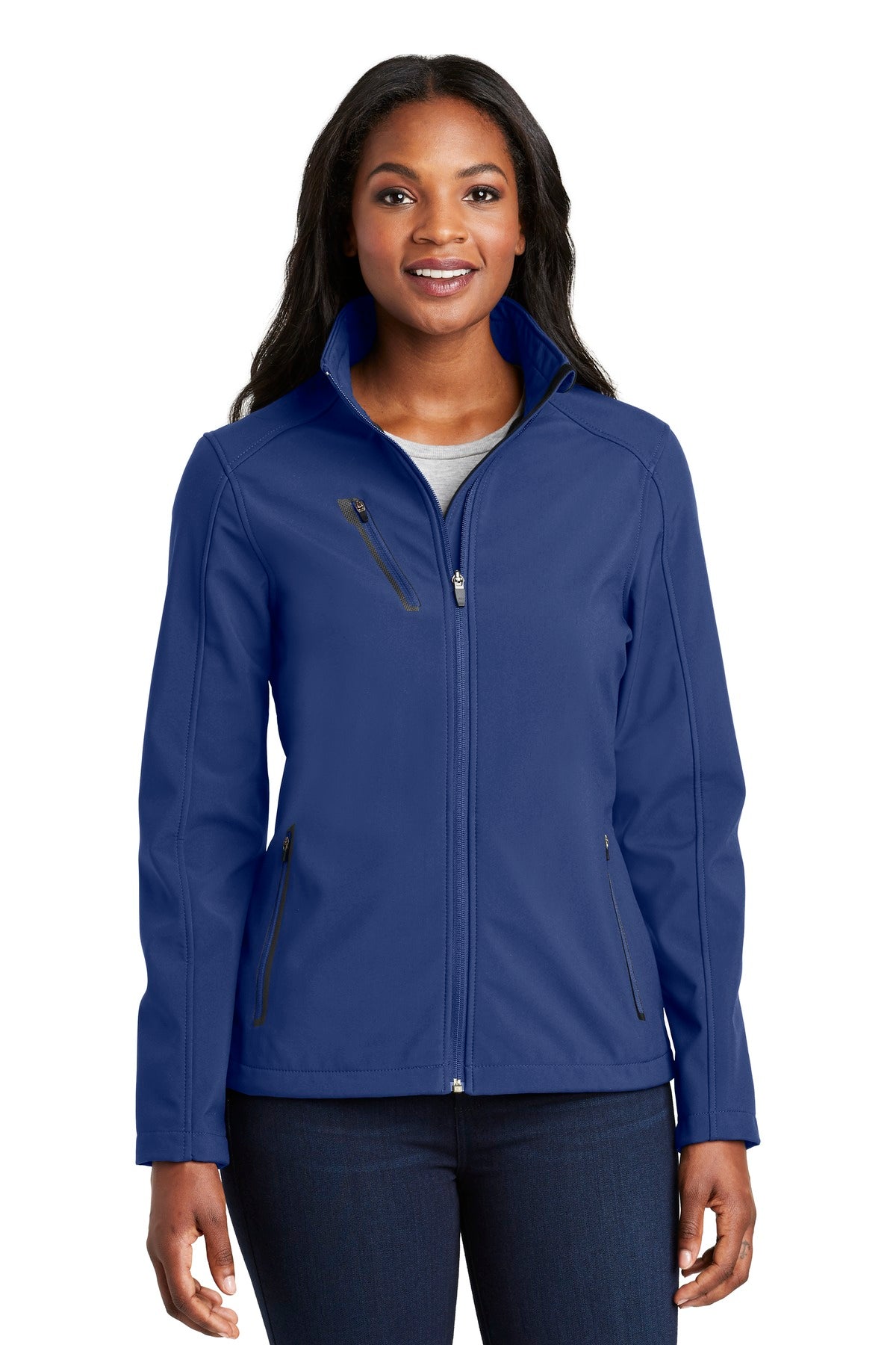 Front View of Estate Blue Port Authority Women's Welded Soft Shell Jacket. L324 plain