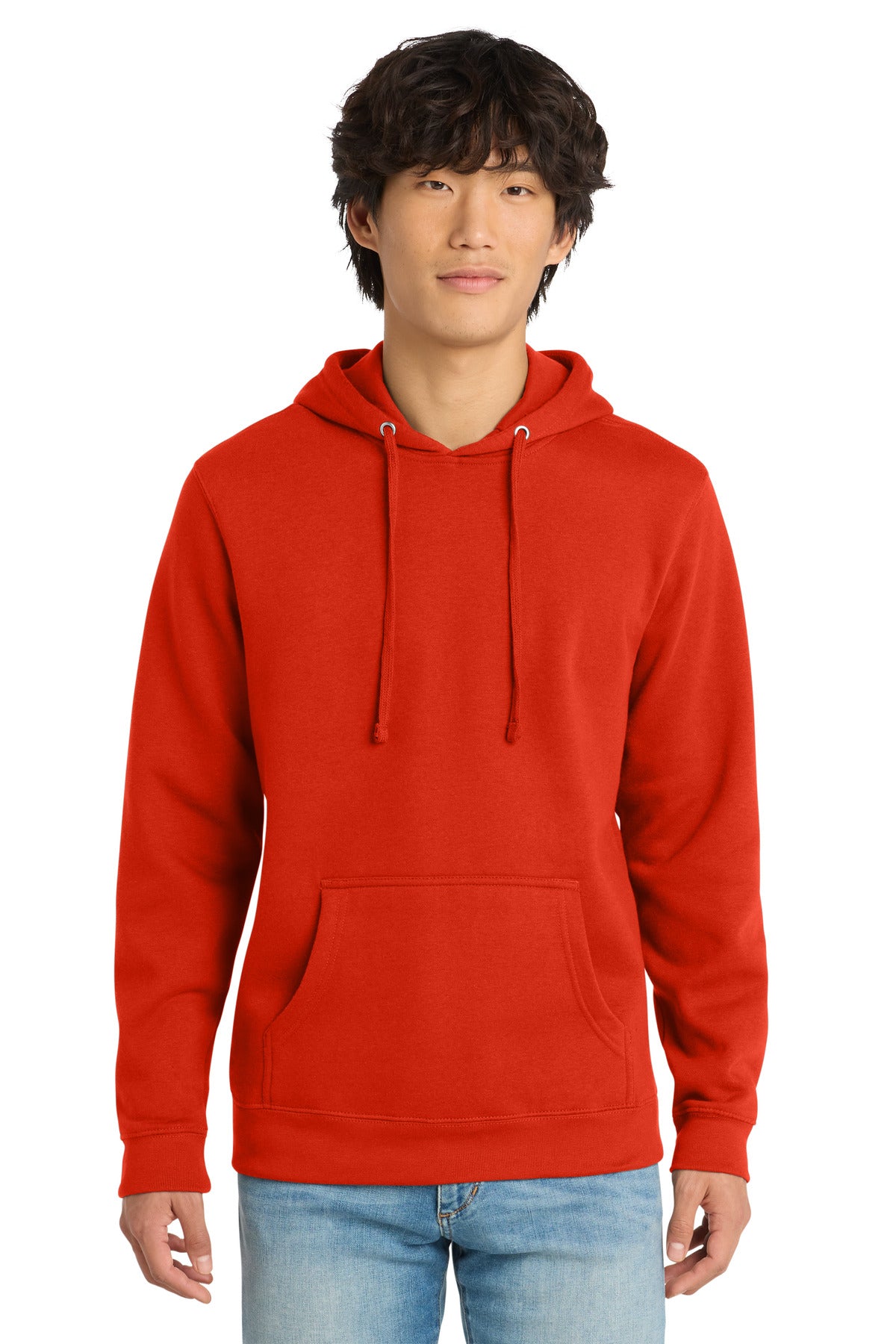 Front View of FieryRed District V.I.T. Fleece Hoodie DT6100 plain