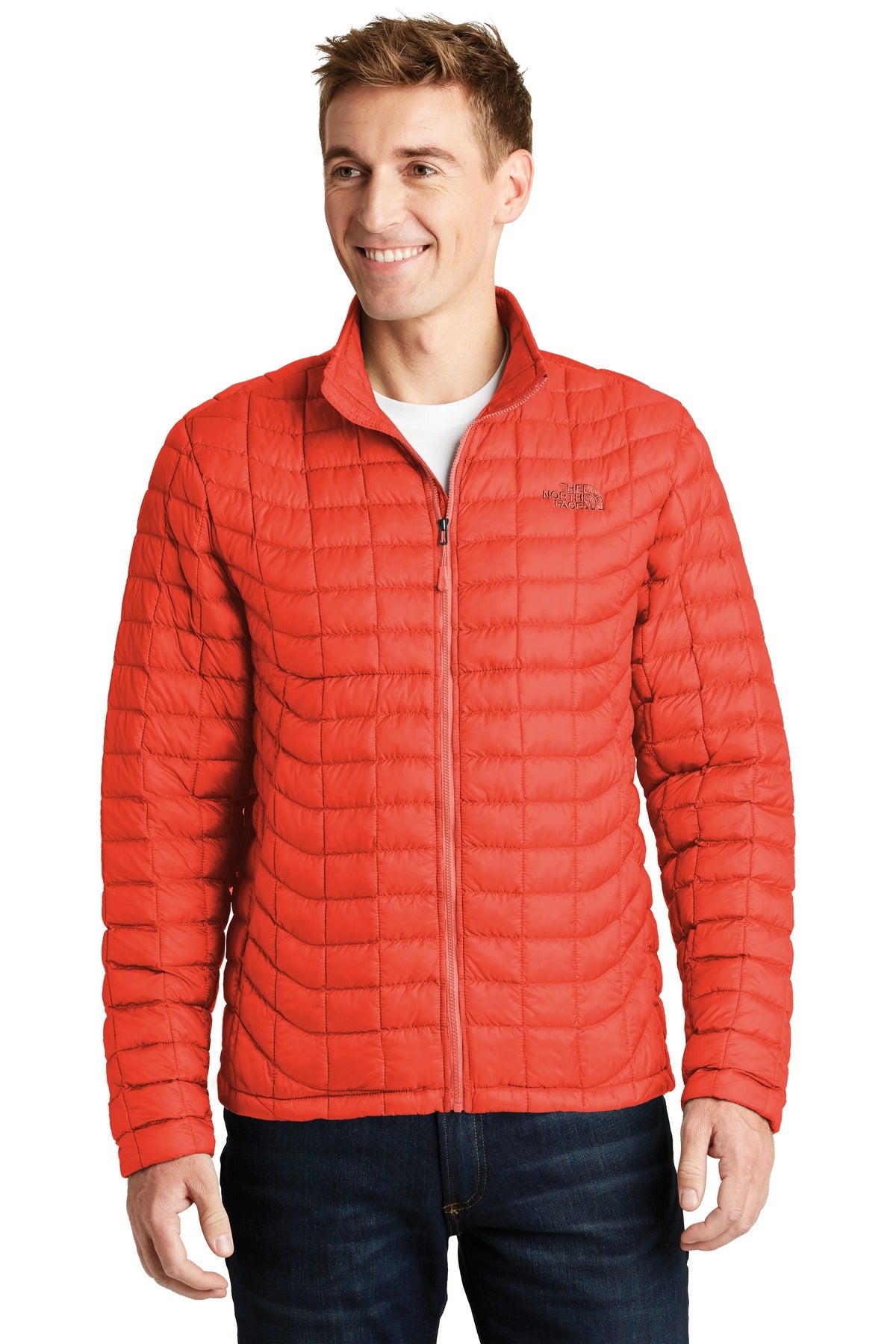 Front View of Fire Brick Red The North Face ThermoBall Trekker Jacket. NF0A3LH2 plain