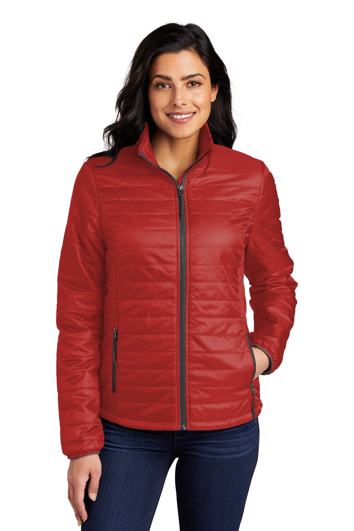 Front View of Fire Red/Graph Port Authority Women's Packable Puffy Jacket L850 plain