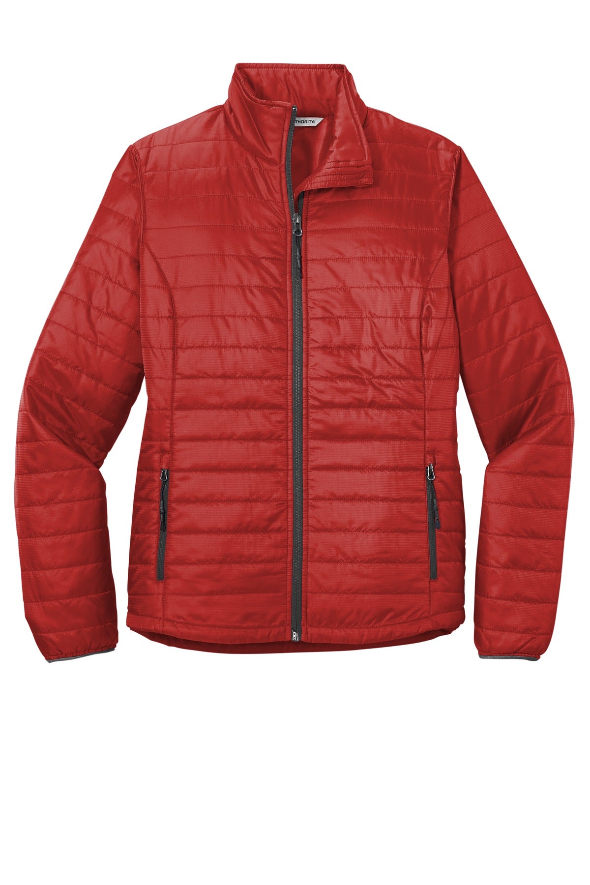 Front View of Fire Red/Graph Port Authority Women's Packable Puffy Jacket L850 plain