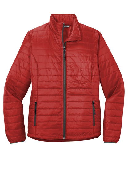 Front View of Fire Red/Graph Port Authority Women's Packable Puffy Jacket L850 plain