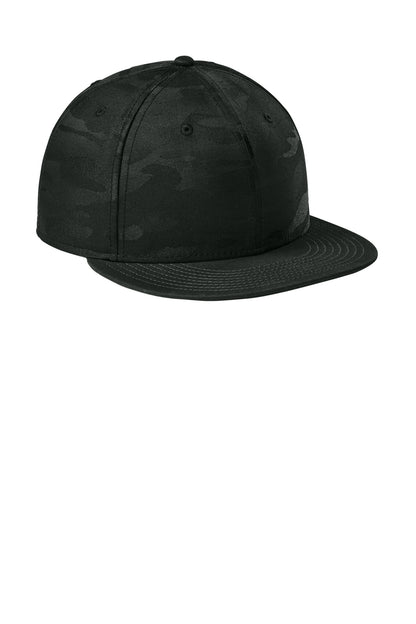 Front View of FlgBk/BkCm New Era Camo Flat Bill Snapback Cap NE407 plain