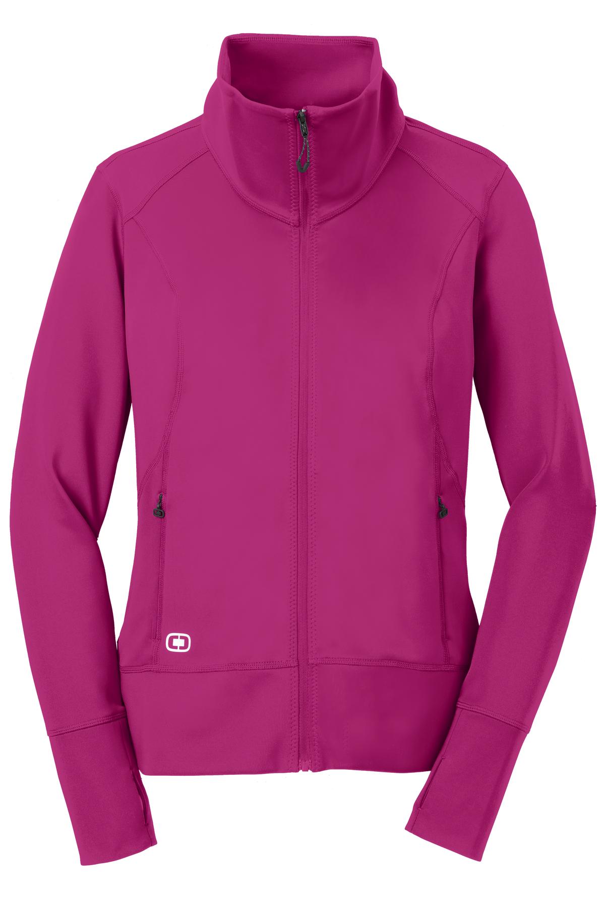 Front View of Flush Pink OGIO Women's Fulcrum Full-Zip. LOE700 plain