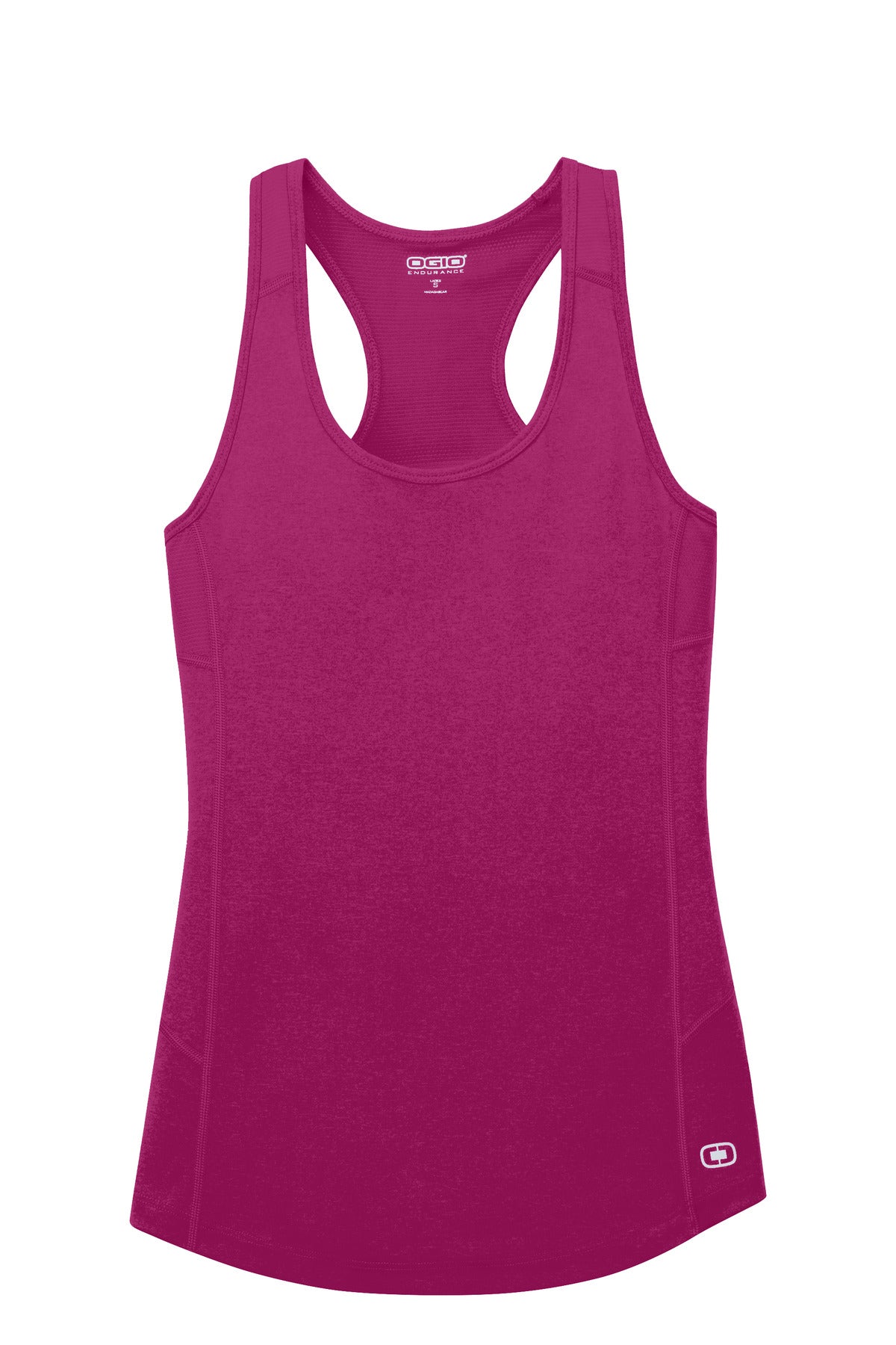 Front View of Flush Pink OGIO Women's Racerback Pulse Tank. LOE322 plain