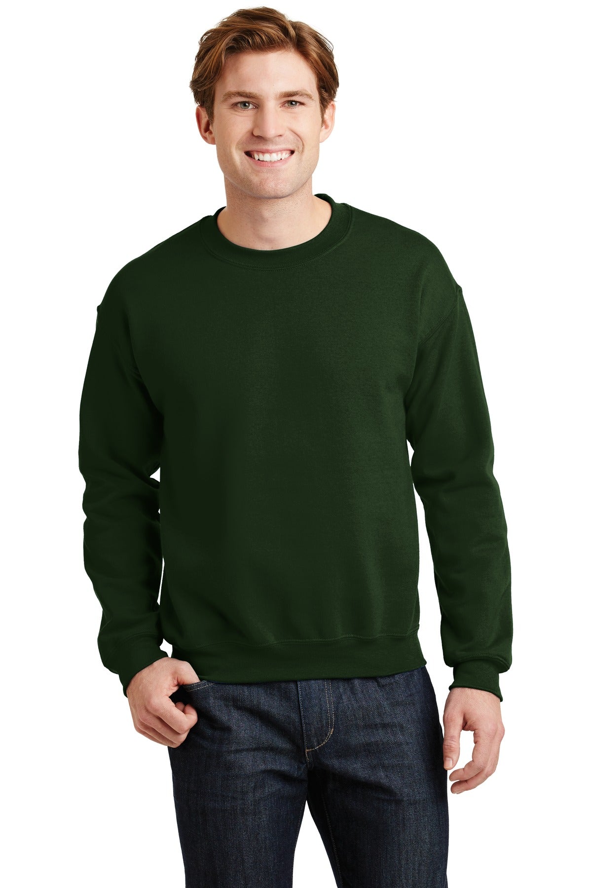 Front View of Forest Gildan Heavy Blend Crewneck Sweatshirt. 18000 plain