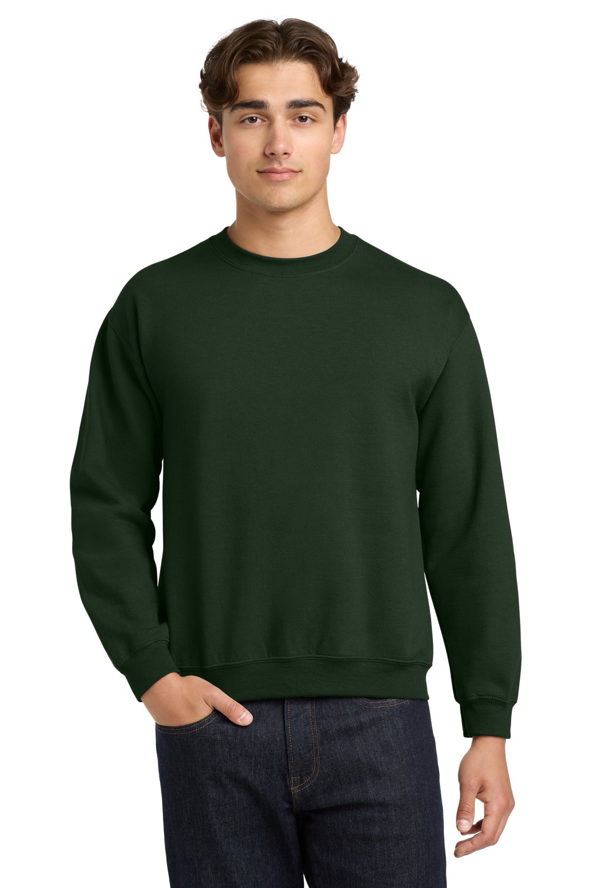 Front View of Forest Gildan Heavy Blend Crewneck Sweatshirt. 18000 plain