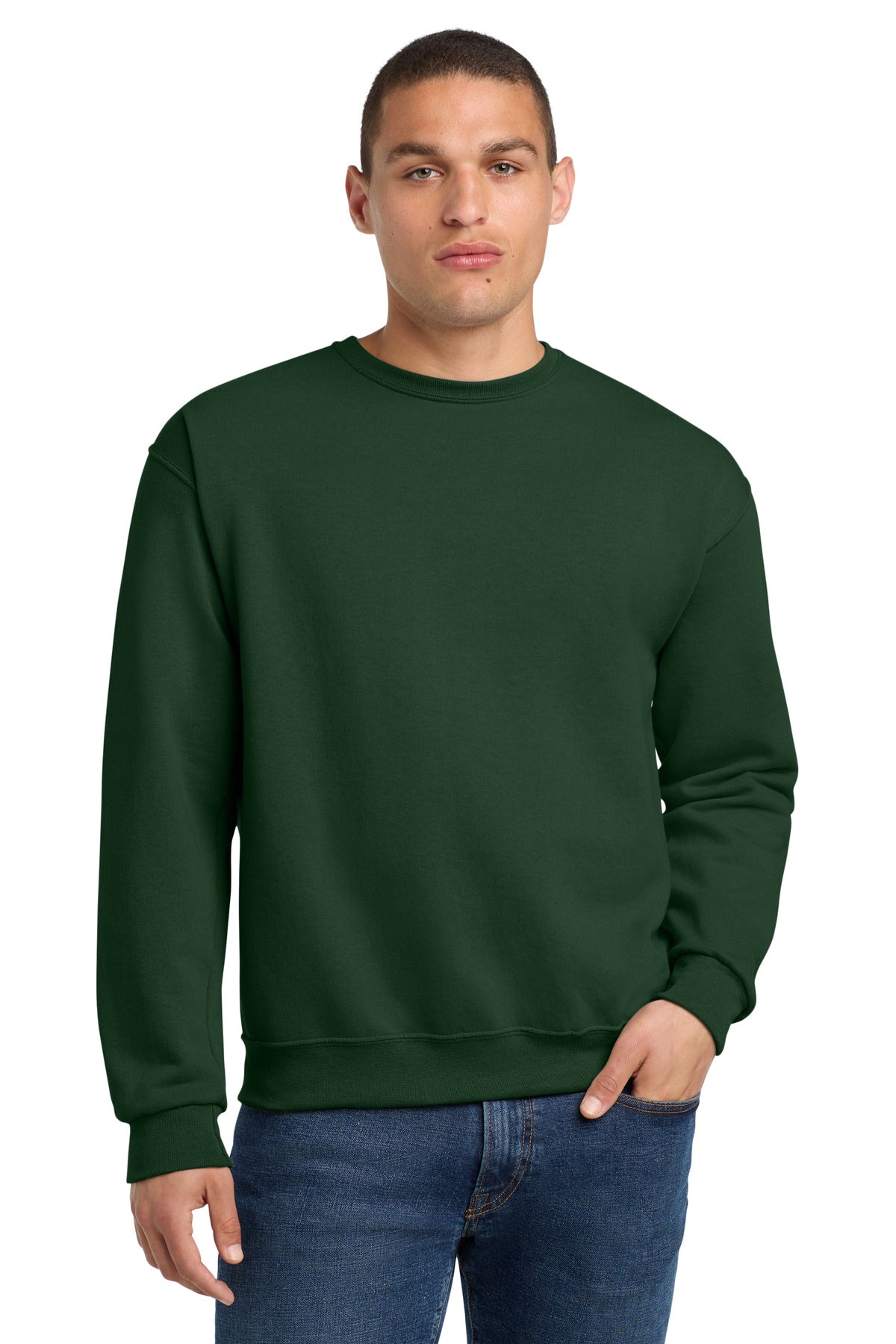 Front View of Forest Green Jerzees - NuBlend Crewneck Sweatshirt. 562M plain