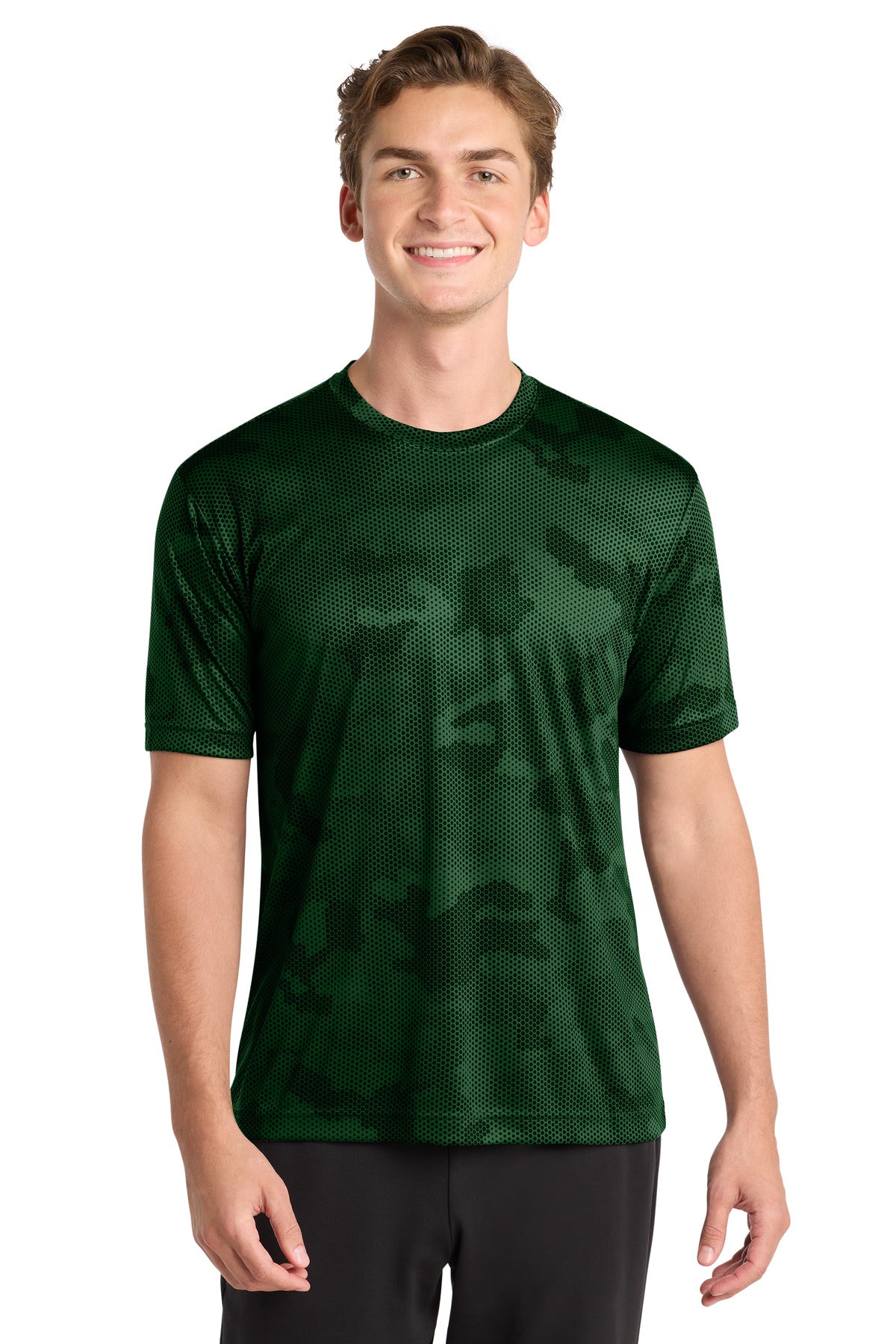 Front View of Forest Green Sport-Tek CamoHex Tee. ST370 plain