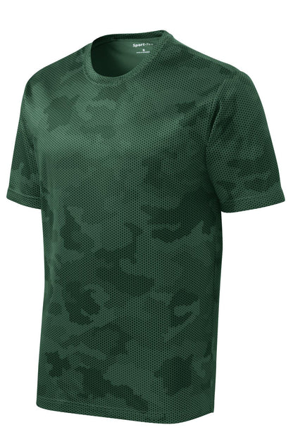 Front View of Forest Green Sport-Tek CamoHex Tee. ST370 plain