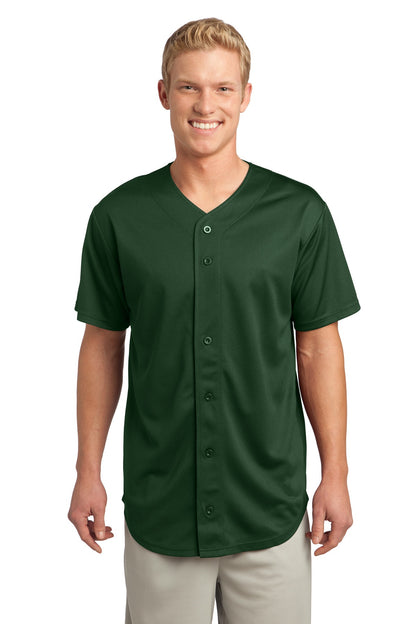 Front View of Forest Green Sport-Tek PosiCharge Tough Mesh Full-Button Jersey. ST220 plain