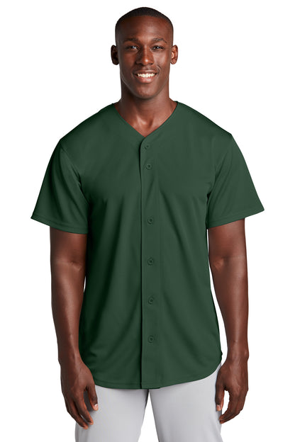 Front View of Forest Green Sport-Tek PosiCharge Tough Mesh Full-Button Jersey. ST220 plain
